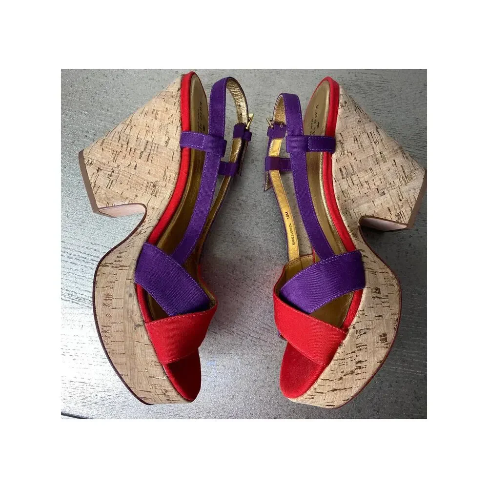 KATE SPADE SANDALS 10 PENNY PLATFORM CHUNKY CORK WEDGE HEELS STRAPPY RED PURPLE